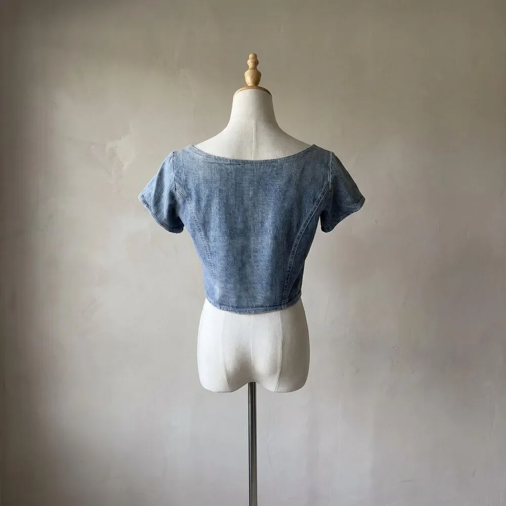 Ralph Ralph Lauren c. 1990s Denim Crop Top Rinsed Indigo | M - Picture 3 of 4